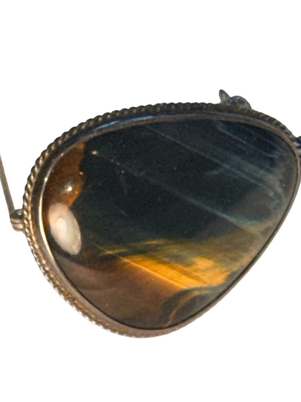 Vintage Blue Tiger Eye Brooch Pendant, Large Hawk’s Eye Gemstone - Picture 11 of 17